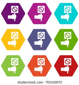 Hand showing stop signboard icon set many color hexahedron isolated on white vector illustration