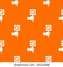 Hand showing stop signboard pattern repeat seamless in orange color for any design. Vector geometric illustration