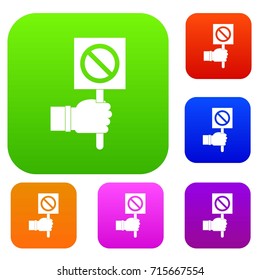 Hand showing stop signboard set icon color in flat style isolated on white. Collection sings vector illustration