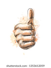 Hand showing symbol Like. Making thumb up gesture from a splash of watercolor, hand drawn sketch. Vector illustration of paints