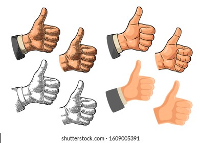 Hand showing symbol Like. Making thumb up gesture. Hand drawn design element. Vector color vintage engraved and flat illustration isolated on white background. Sign for poster, web, info graphic