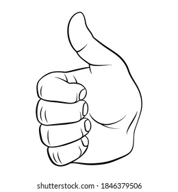 Hand Showing Symbol Like. Making Thumb up Gesture. Like Positive Fist on White Backdrop. Thin Line Icon for Website Design. A Realistic Black and White Sketch