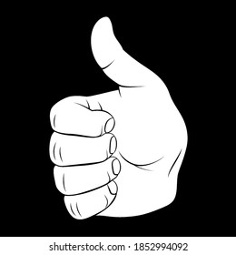 Hand Showing Symbol Like. Making a Thumb up Gesture. Like Positive Fist on White Backdrop. Thin Line Icon for Website Design on Black Background