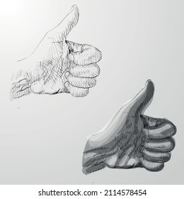 Hand showing symbol Like. Making thumb up gesture icon. Vintage black engraving illustration for web, poster. Hand drawn design element isolated on white background. Vector illustration.