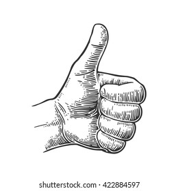 Hand showing symbol Like. Making thumb up gesture. Vector black vintage engraved illustration isolated on a white background. Sign for web, poster, info graphic