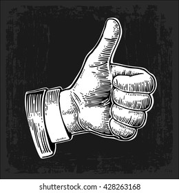Hand showing symbol Like. Making thumb up gesture. Vector white vintage engraved illustration isolated on a dark background. Sign for web, poster, info graphic