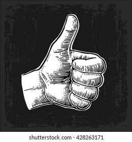 Hand showing symbol Like. Making thumb up gesture. Vector white vintage engraved illustration isolated on a dark background. Sign for web, poster, info graphic