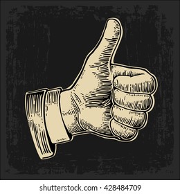 Hand showing symbol Like. Making thumb up gesture. Vector beige vintage engraved illustration isolated on a dark background. Sign for web, poster, info graphic