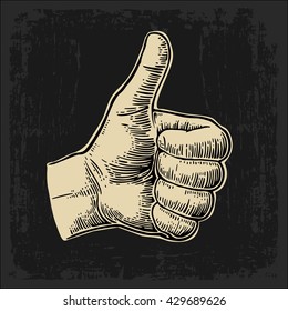 Hand showing symbol Like. Making thumb up gesture. Vector beige vintage engraved illustration isolated on a dark background. Sign for web, poster, info graphic