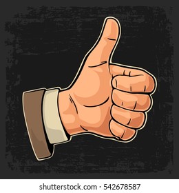 Hand showing symbol Like. Making thumb up gesture. Hand drawn design element. Vector color flat illustration isolated on dark background. Sign for web, poster, info graphic