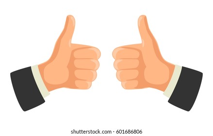 Hand showing symbol Like. Making thumb up gesture. Vector color flat illustration isolated on white background. Sign for web, icon, poster, info graphic
