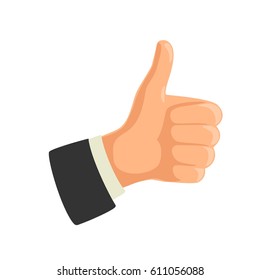 Hand showing symbol Like. Making thumb up gesture. Vector color flat illustration isolated on white background. Sign for web, icon, poster, info graphic