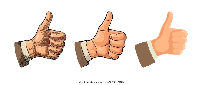 Hand showing symbol Like. Making thumb up gesture. Hand drawn design element. Vector color vintage engraved and flat illustration isolated on white background. Sign for poster, web