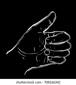 Hand showing symbol Like. Making thumb up gesture. Vector black vintage engraved illustration isolated on a white background. Sign for web, poster, info graphic