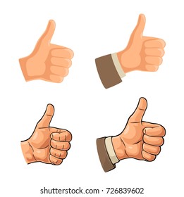 Hand showing symbol Like. Making thumb up gesture. Hand drawn design element. Vector color vintage engraved and flat illustration isolated on white background. Sign for poster, web, info graphic