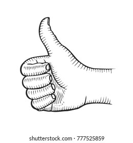 Hand showing symbol Like. Making thumb up gesture. Vector black vintage engraved illustration isolated on a white background. Sign for web, poster, info graphic
