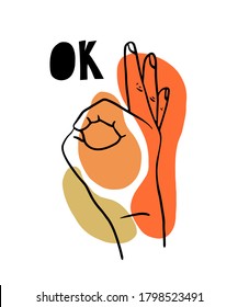 Hand showing symbol OK with paper cut text. Making gesture with hand. Vector black sketch hand with color flat illustration isolated on white background. Sign for web, icon, poster, info graphic