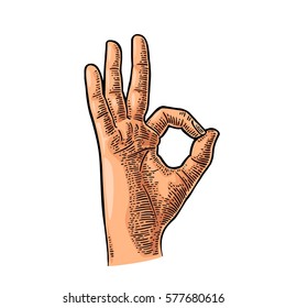 Hand showing symbol okay. Vector color vintage engraved illustration isolated on white background. Sign for web, poster, info graphic