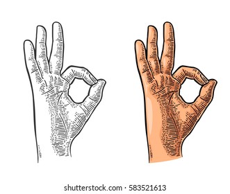 Hand showing symbol okay. Vector color and black vintage engraved illustration isolated on white background. Sign for web, poster, info graphic