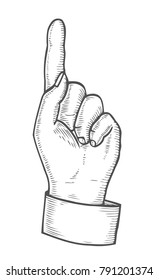 Hand showing symbol. Pointing up finger. Retro vintage sketch vector illustration. Engraving style. black isolated on white background
