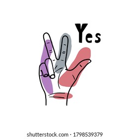 Hand showing symbol with three finders and paper cut text Yes. Making gesture with hand. Vector black sketch hand with color flat illustration isolated on white background. Sign for web, icon, poster