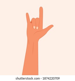 Hand showing three fingers, Rock symbol vector illustration. Fingers raised up. Heavy metal, rock and roll, devil horns hand gesture . Hand showing heavy metal rock-n-roll sign flat modern design