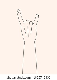 Hand showing three fingers, Rock symbol sketching illustration. Fingers raised up outline. Heavy metal, rock and roll, devil horns hand gesture . Hand showing heavy metal rock-n-roll sign line icon