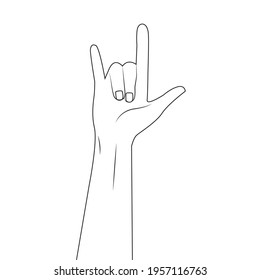 Hand showing three fingers, Rock symbol sketching illustration. Fingers raised up outline. Heavy metal, rock and roll, devil horns hand gesture . Hand showing heavy metal rock-n-roll sign line icon