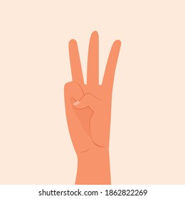 Hand showing three fingers vector illustration. Shows the number three with the fingers of the hand. Woman or man hand isolated white background. Fingers raised up inside of the hand, flat design