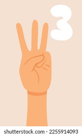 
Hand Showing Three Fingers Vector Cartoon Illustration. Person indicating third place in fingers counting communication
