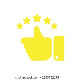 Mano mostrando el pulgar hacia arriba y dando una calificación de cinco estrellas. Calificación de servicio, comentarios, concepto de satisfacción