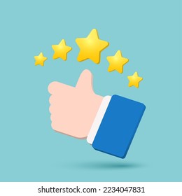 Hand showing thumb up and giving a five star rating. Service rating, feedback, satisfaction concept