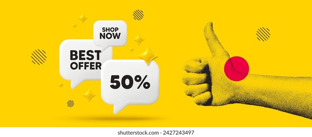 Hand showing thumb up like sign. 50 percent off sale tag. Discount offer price sign. Special offer symbol. Discount chat box 3d message. Grain dots hand. Like thumb up sign. Best offer. Vector