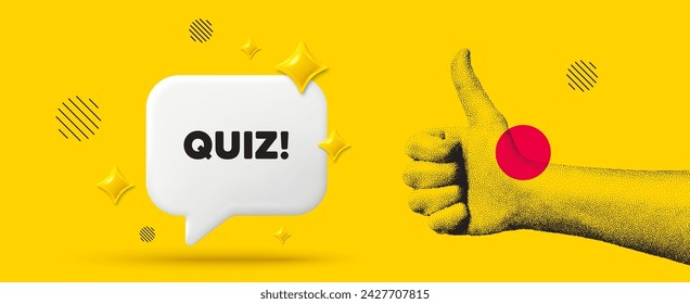 Hand showing thumb up like sign. Quiz tag. Answer question sign. Examination test symbol. Quiz chat box 3d message. Grain dots hand. Like thumb up sign. Vector