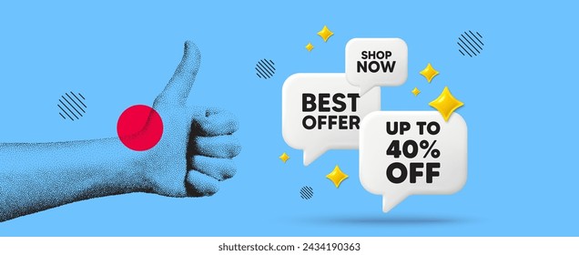 Hand showing thumb up like sign. Up to 40 percent off sale. Discount offer price sign. Special offer symbol. Save 40 percentages. Discount tag chat 3d speech bubble. Grain dots hand. Vector