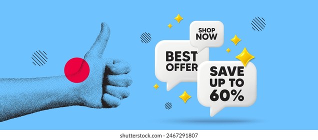 Mano mostrando el pulgar hacia arriba como señal. Guardar hasta el 60 por ciento. Descuento Oferta oferta Precio signo. Símbolo de oferta especial. Burbuja de voz 3d de chat de descuento. Mano de puntos de grano. Como la señal del pulgar hacia arriba. Compre ahora. Vector