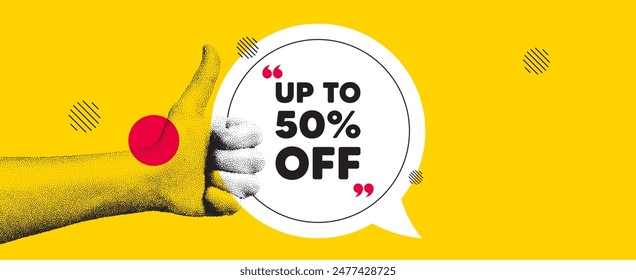 Mano mostrando el pulgar hacia arriba como señal. Hasta un 50 por ciento de descuento. Precio de oferta de descuento. Símbolo de oferta especial. Guardar 50 porcentajes. Mensaje de burbuja de chat de etiqueta de descuento. Mano de puntos de grano. Vector