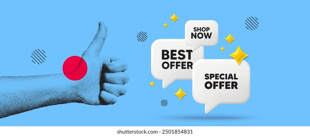 Hand showing thumb up like sign. Special offer tag. Sale sign. Advertising Discounts symbol. Special offer chat 3d speech bubble. Grain dots hand. Like thumb up sign. Shop now. Vector