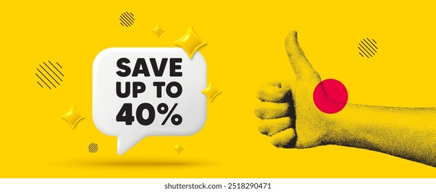 Hand showing thumb up like sign. Save up to 40 percent. Discount Sale offer price sign. Special offer symbol. Discount chat box 3d message. Grain dots hand. Like thumb up sign. Vector