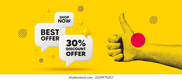 Hand showing thumb up like sign. 30 percent discount tag. Sale offer price sign. Special offer symbol. Discount chat box 3d message. Grain dots hand. Like thumb up sign. Best offer. Vector