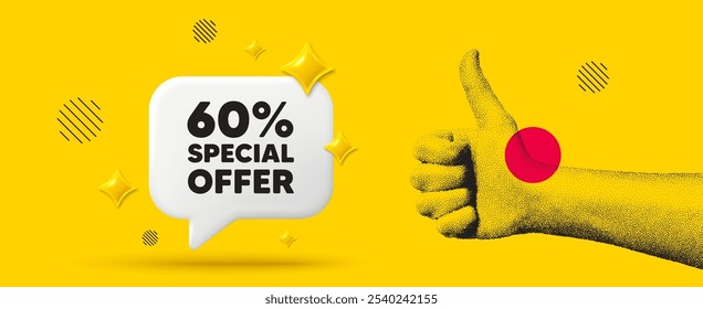 Mano mostrando el pulgar hacia arriba como señal. 60 por ciento de descuento en la etiqueta de oferta. Signo de promoción de Precio de venta. Símbolo de oferta especial. Descuento chat box 3d mensaje. El grano salpica la mano. Como el signo del pulgar hacia arriba. Vector