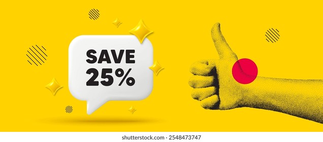 Hand showing thumb up like sign. Save 25 percent off tag. Sale Discount offer price sign. Special offer symbol. Discount chat box 3d message. Grain dots hand. Like thumb up sign. Vector