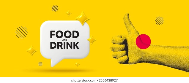 Hand showing thumb up like sign. Food and Drink tag. Kitchen food offer. Restaurant menu. Food and Drink chat box 3d message. Grain dots hand. Like thumb up sign. Vector