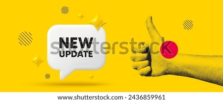 Hand showing thumb up like sign. New update icon. Special offer sign. Important information available symbol. New update chat box 3d message. Grain dots hand. Like thumb up sign. Vector