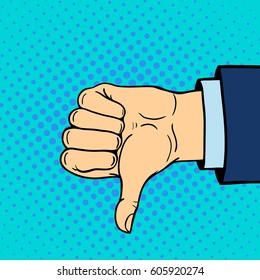 Hand showing thumbs down deaf-mute gesture human arm hold communication and direction design fist touch pop art style colorful vector illusstration.