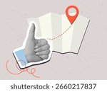 Hand showing thumbs up gesture beside a map with a way and a red pin mark. Target or destination concept. Modern collage vector illustration