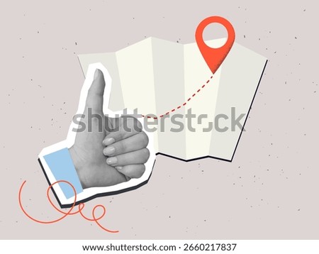 Hand showing thumbs up gesture beside a map with a way and a red pin mark. Target or destination concept. Modern collage vector illustration