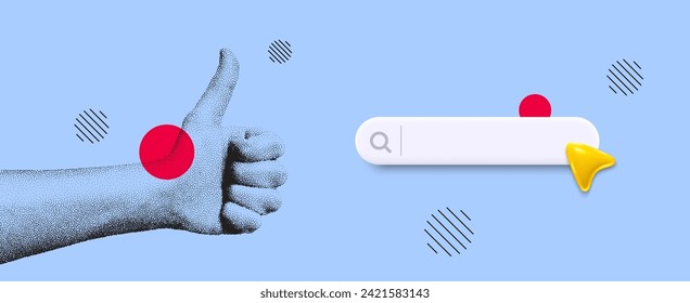 Hand showing thumbs up gesture. Concept of human partnership with search bar. Design for banner, flyer, poster or blue brochure. Like hand in dotted grain style. Vector illustration