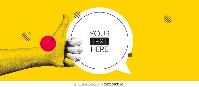 Hand showing thumbs up gesture. Concept of human partnership with chat speech bubble. Design for banner, flyer, poster or yellow brochure. Like hand in dotted grain style. Vector illustration