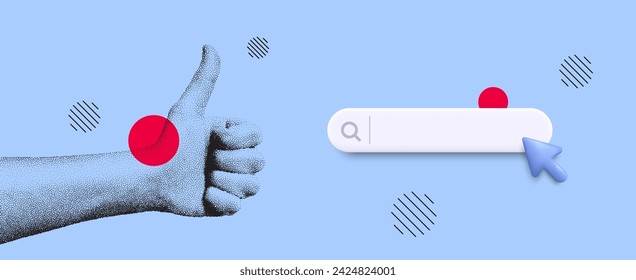 Hand showing thumbs up gesture. Concept of human partnership with search bar. Design for banner, flyer, poster or blue brochure. Like hand in dotted grain style. Vector illustration